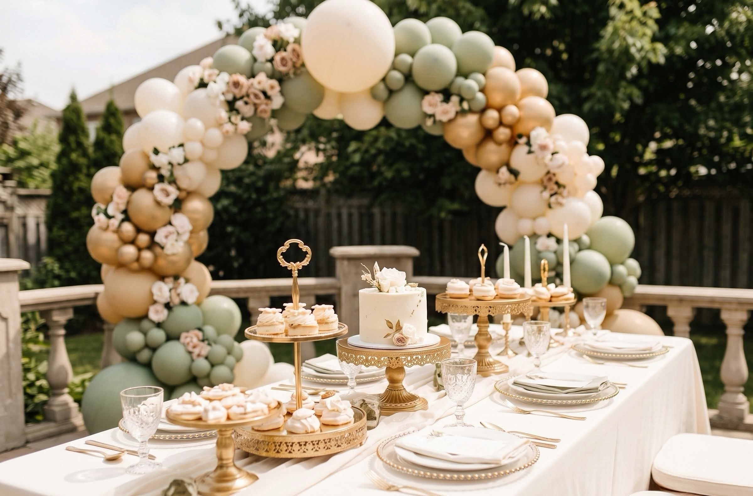 A dessert table with a tiered cake beneath a sage and gold balloon arch