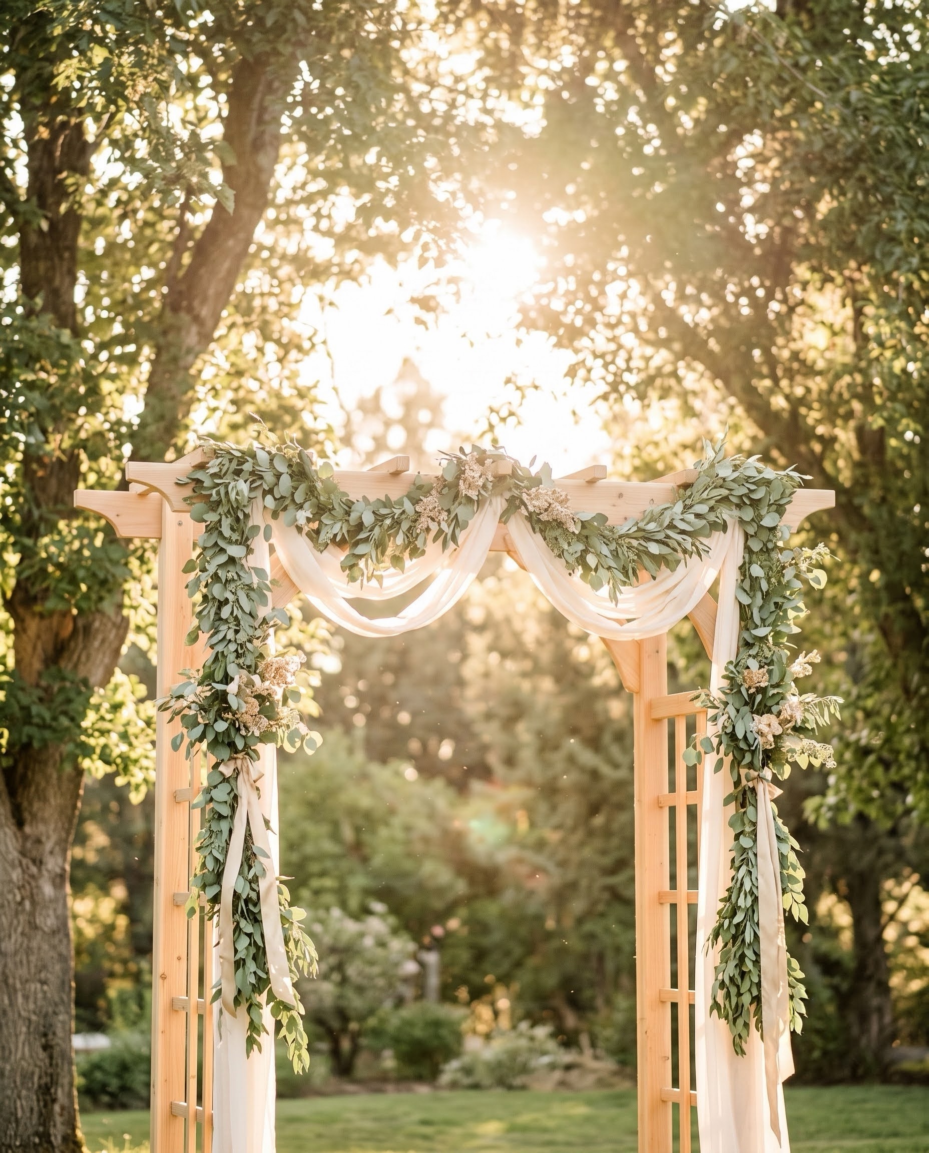 A ceremony arch dressed in eucalyptus and draped ivory fabric, backlit at golden hour