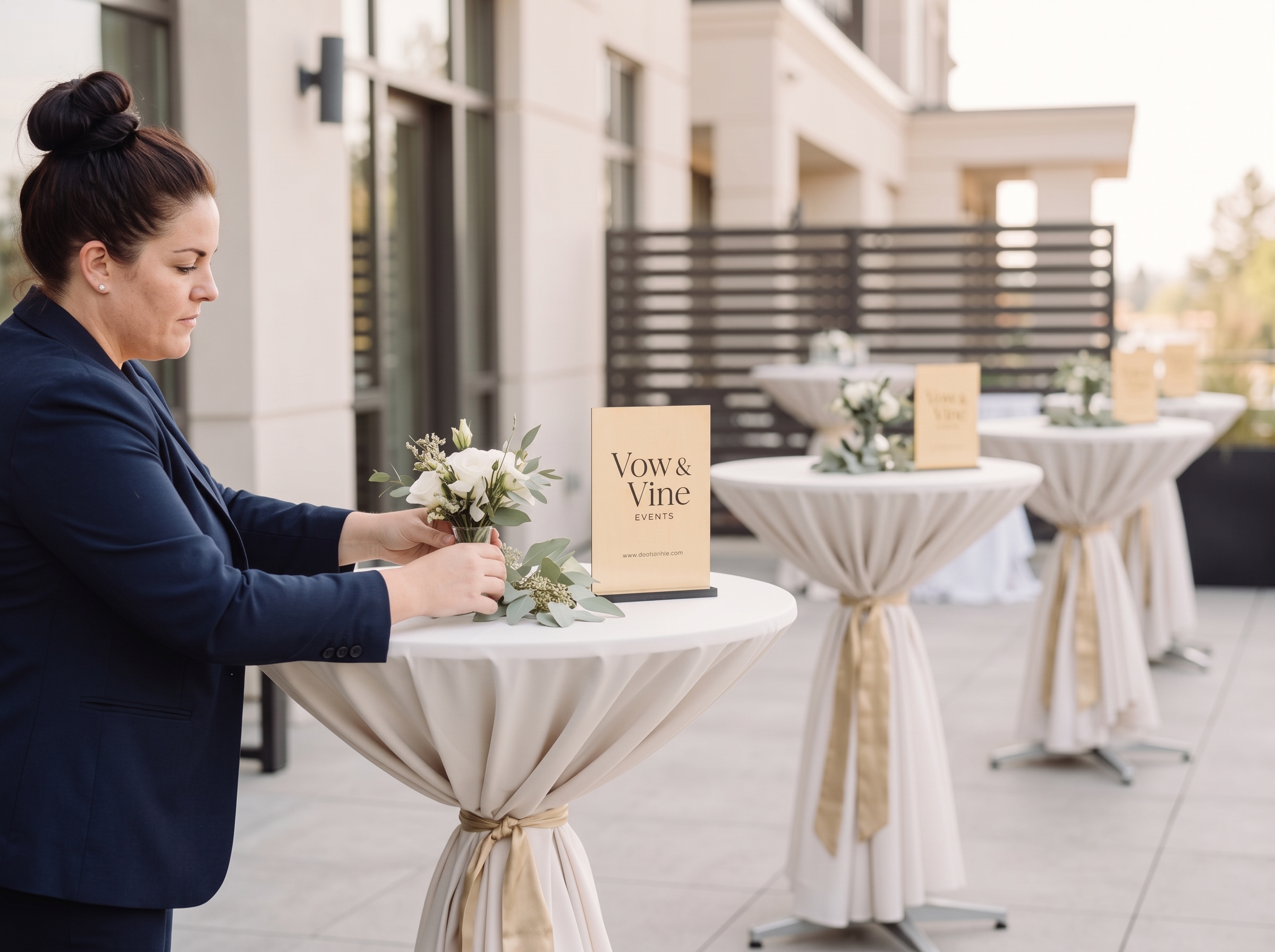 A Vow & Vine coordinator setting branded signage and florals on cocktail tables