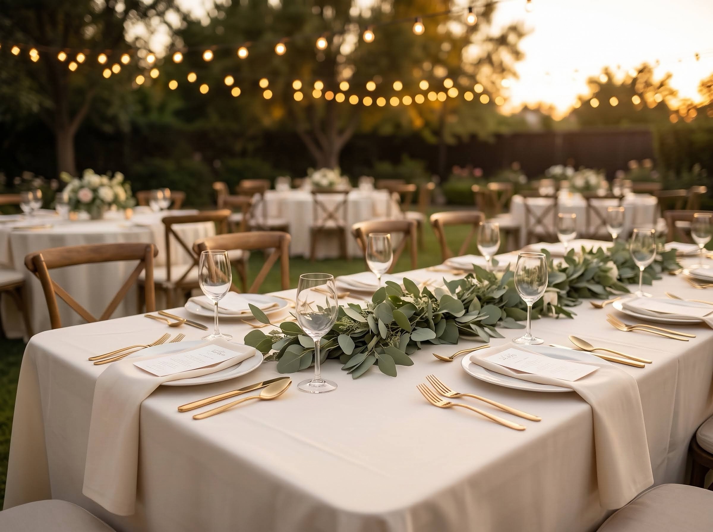 An outdoor reception table set with gold flatware and a eucalyptus runner under string lights