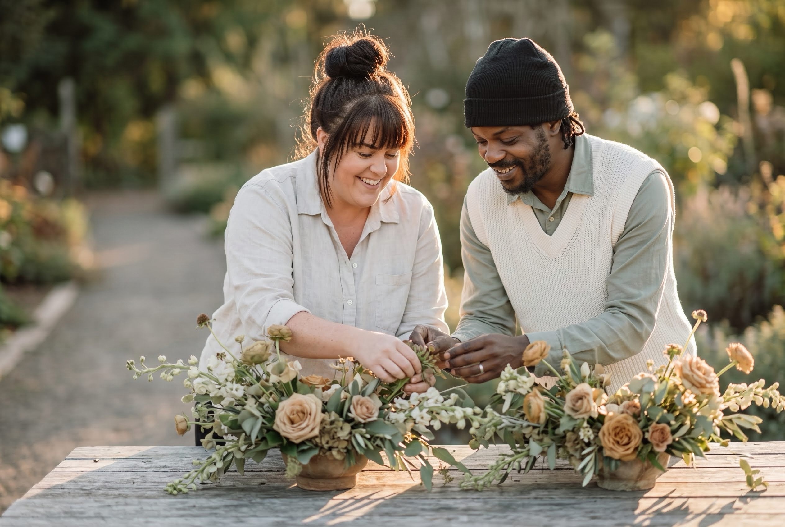 Two members of the Vow & Vine team arranging centerpieces at an outdoor worktable